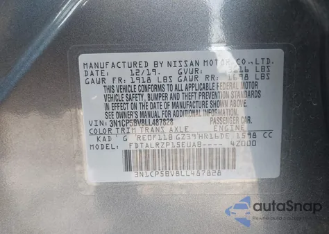 2020 Nissan Kicks S Xtronic Cvt z USA, uszkodzony, nr VIN 3N1CP5BV8LL487828